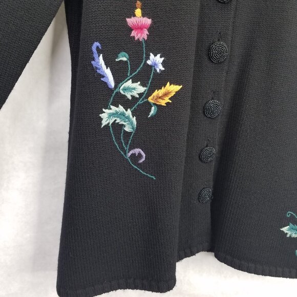 VTG Norm Thompson Wool Cardigan Sweater XL Black Satin Collar Floral Embroidery - Picture 8 of 14